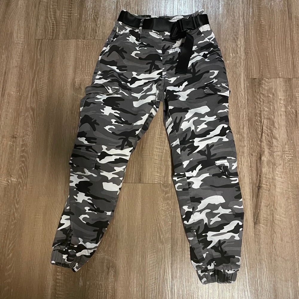 V.I.P. Womens Cargo Jogger Pants Size 5/27 Gray Camo Cotton Blend Utility Belted